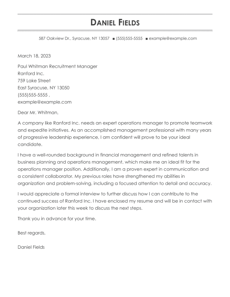 cover letter for the post of operations manager